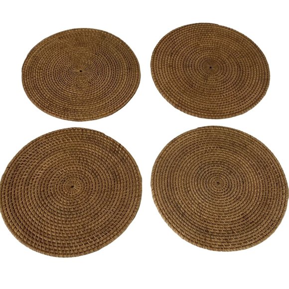Crate Barrel Artesia Round Rattan Wicker Woven Placemats / Wall Art Set 4 18"